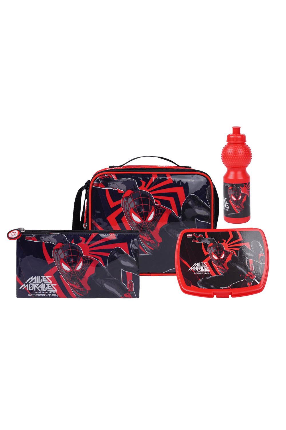 Marvel - Spiderman 5-In-1 Trolley Backpack, Lunch Box & Bag With Water Bottle & Pencil Case - Black/Red