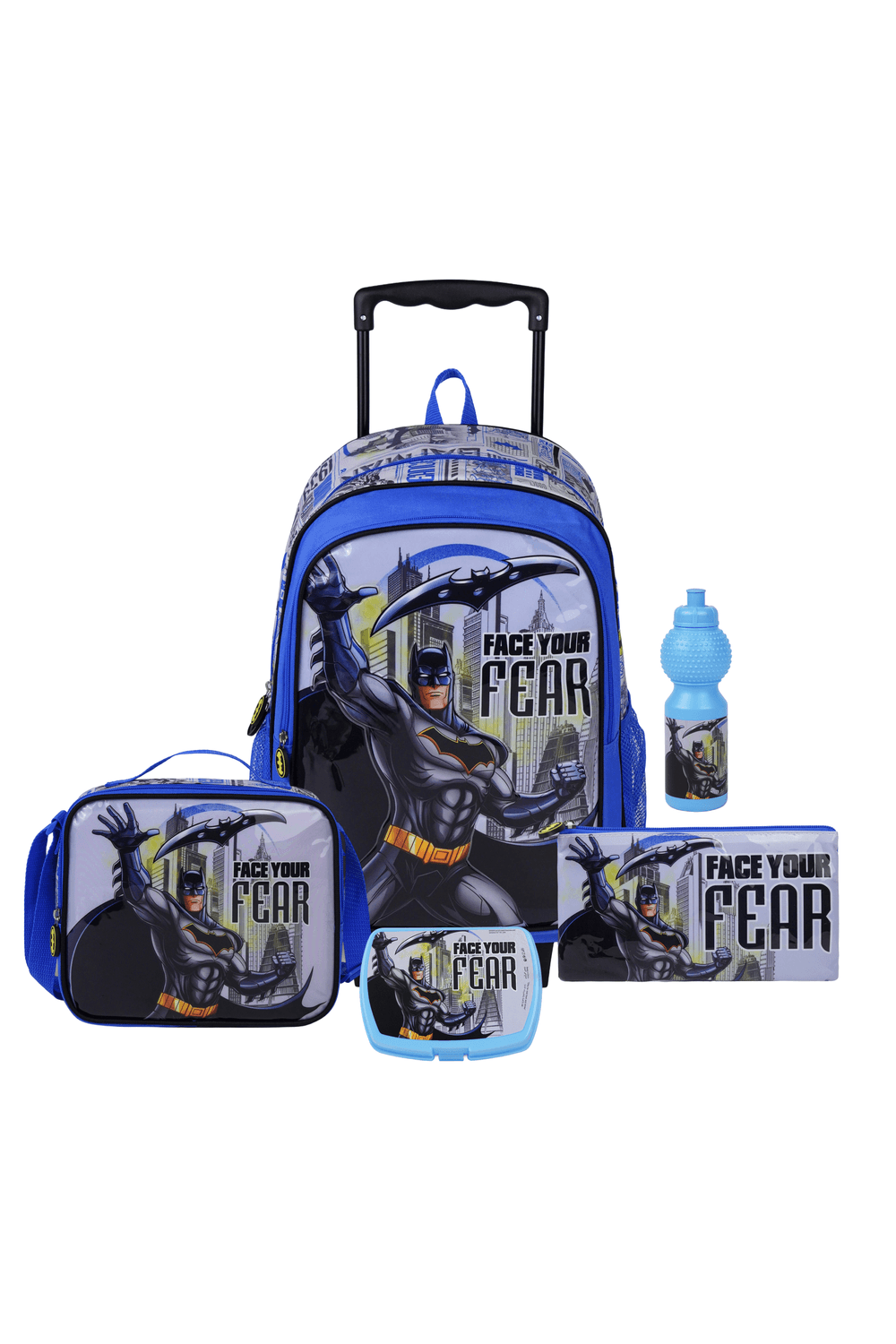 Warner Bros. - Batman 5-In-1 Kids Trolley Backpack, Lunch Bag & Box With Water Bottle & Pencil Case Set - Blue