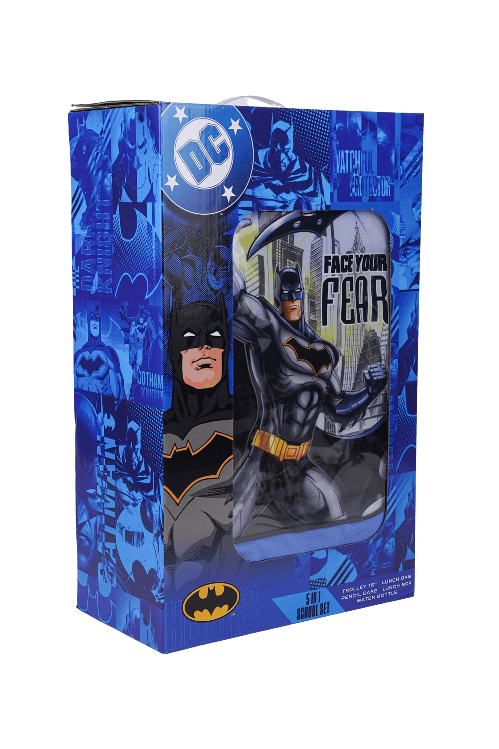 Warner Bros. - Batman 5-In-1 Kids Trolley Backpack, Lunch Bag & Box With Water Bottle & Pencil Case Set - Blue