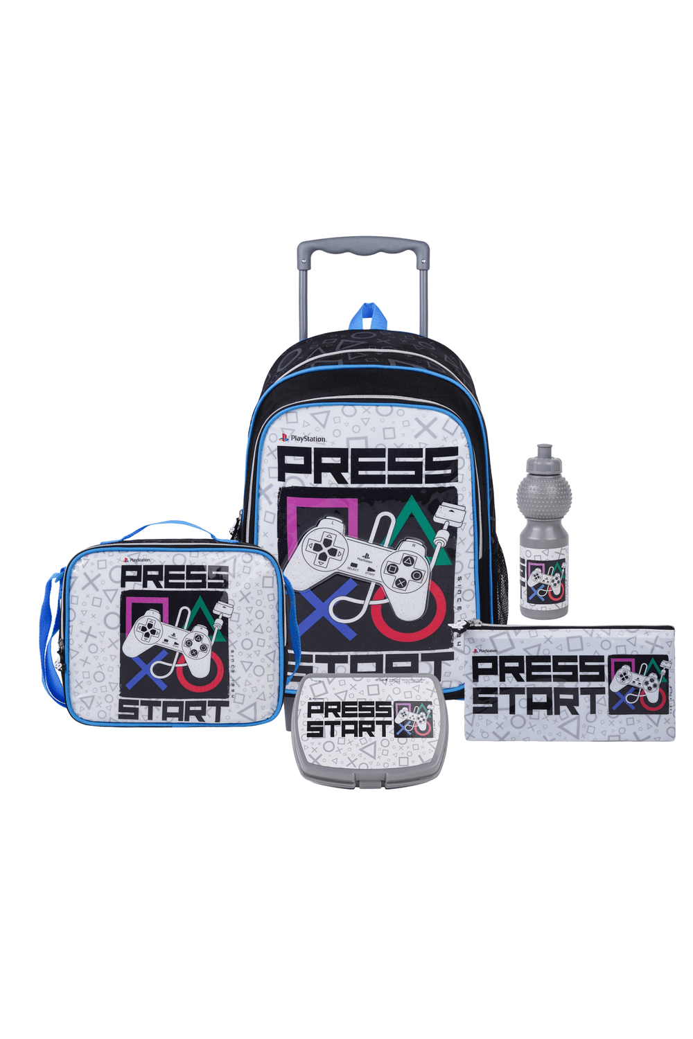 Sony - PlayStation 5-In-1 Kids Trolley Backpack, Lunch Bag & Box With Water Bottle & Pencil Case Set - White/Black