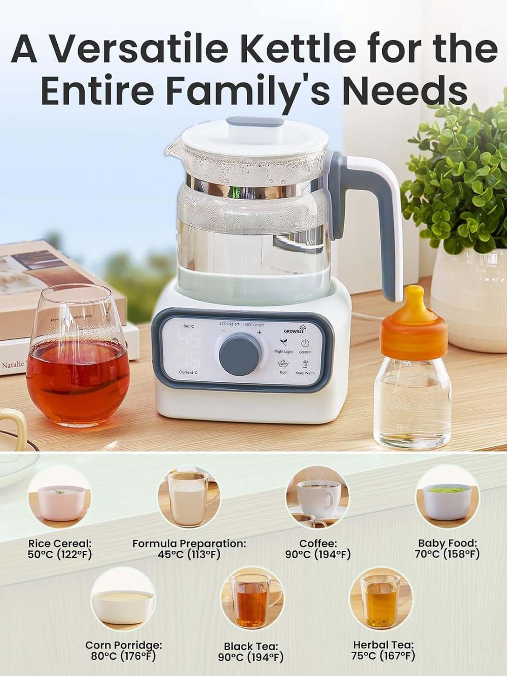 Grownsy - Baby Instant Warmer & Electric Kettle with LCD - Timer & Temp Control - 1.3L