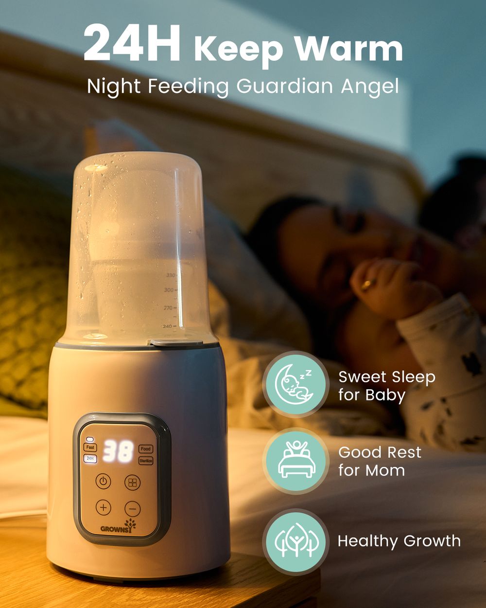 Grownsy - 8-in-1 Bottle Warmer For Breast Milk & Formula-Temp Control & Sterilize-White