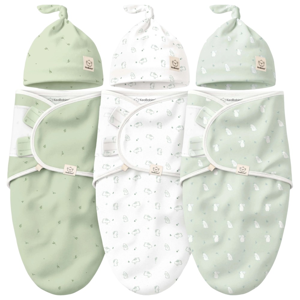 Keababies - Soothe Swaddle Wraps With Knot Hats - Bunnies - 3 Pc Set