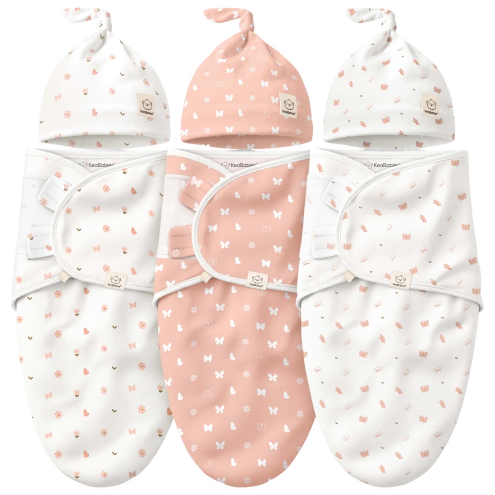 Keababies - Soothe Swaddle Wraps With Knot Hats - Butterflies - 3 Pc Set