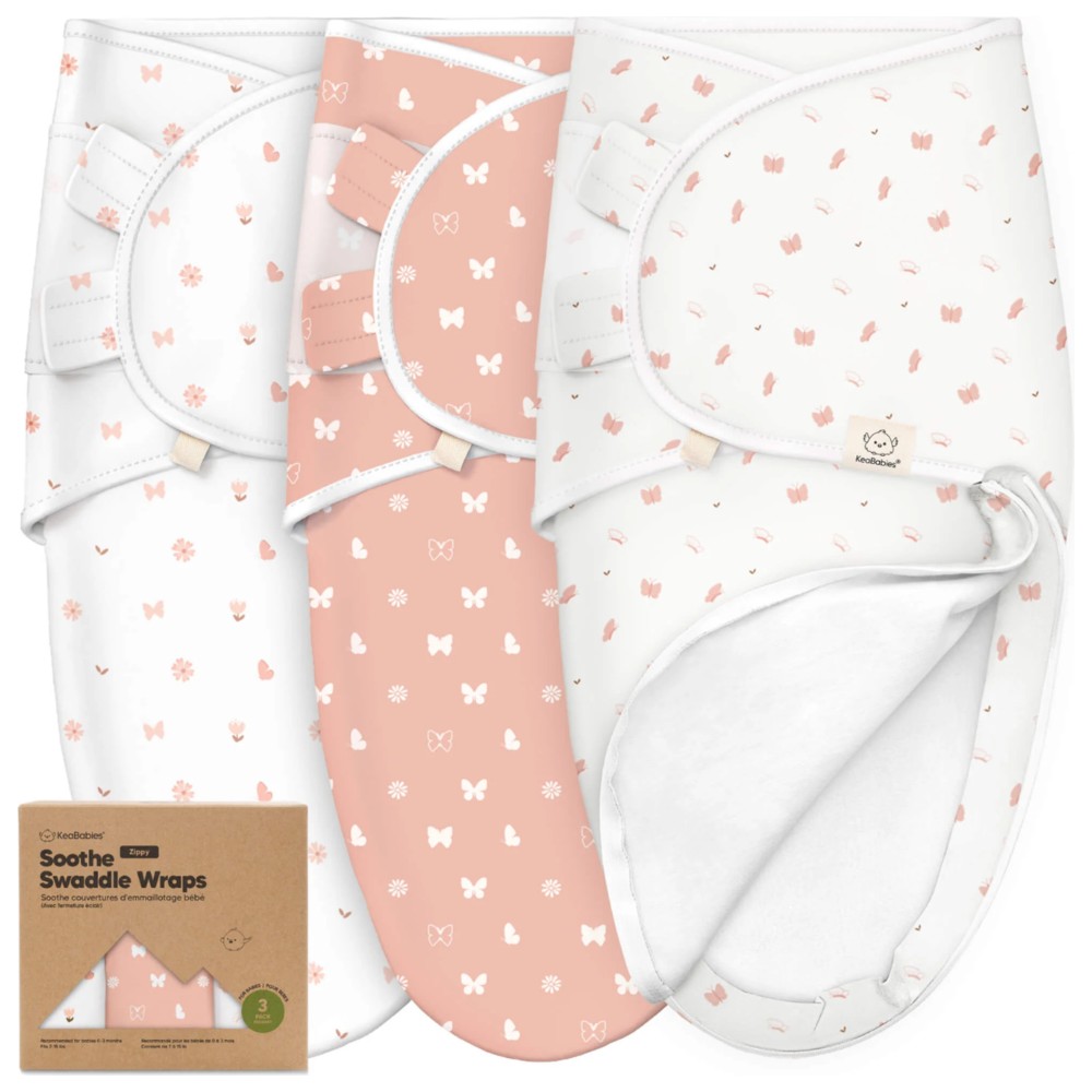 Keababies - Soothe Zippy Swaddle Wraps - Butterflies - Large - 3 Pc Set