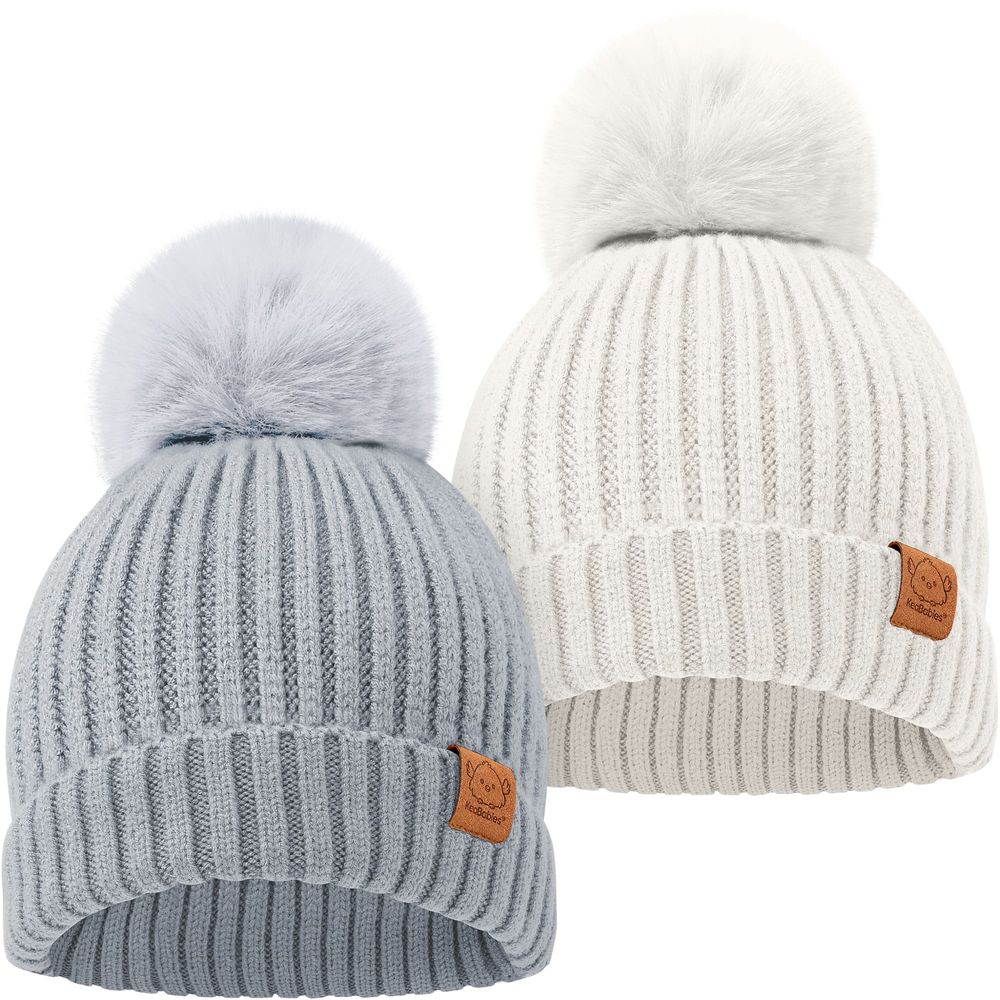 Keababies - Pom Knitted Beanie - Cloud - 2 Pc Set