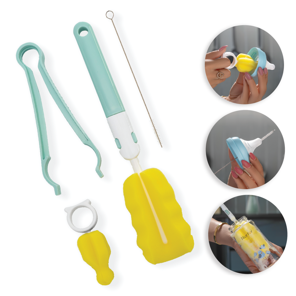 Nurtur Cozi - 4-in-1 Baby Bottle Brush with Teat Brush & Sterile Tongs