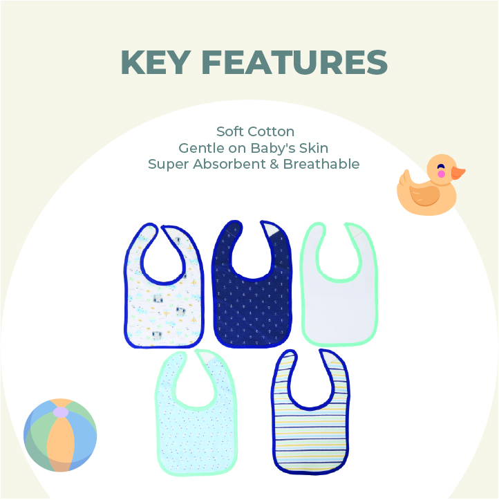 Nurtur - Baby Milk Feeding Bibs - Terry Cotton - Pack of 5 - Blue/Multicolor