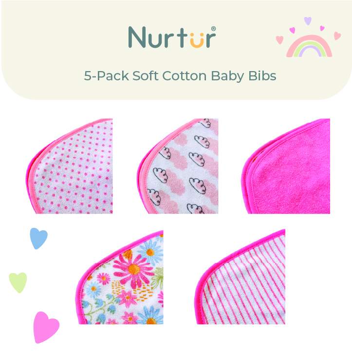 Nurtur - Baby Printed Cotton Bibs - Pack of 5 - Pink/White