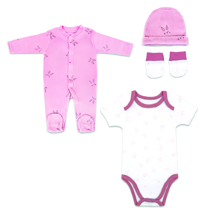 Nurtur Cozi 4pc-Set Sleepsuit, Short Sleeve Bodysuit, Hat & Mittens - Pink