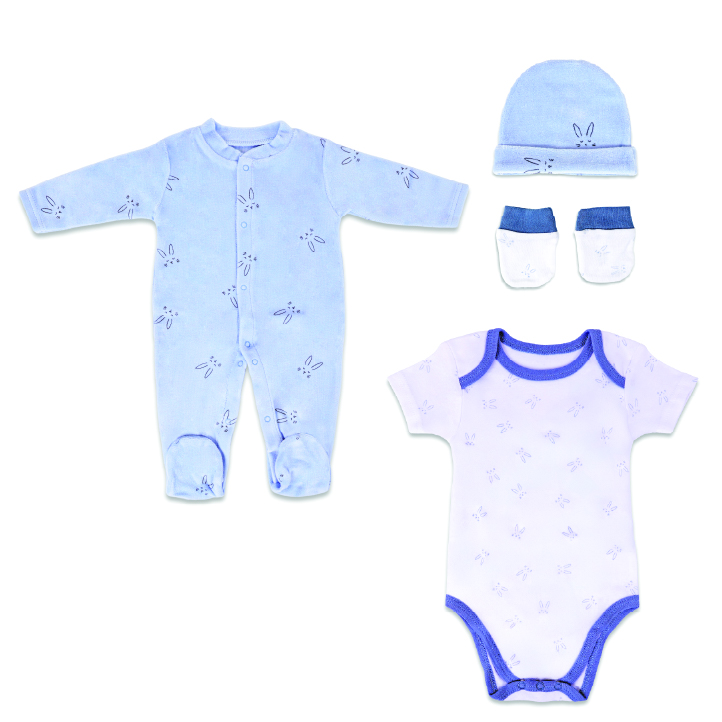 Nurtur Cozi 4pc-Set Sleepsuit, Short Sleeve Bodysuit, Hat & Mittens - Blue
