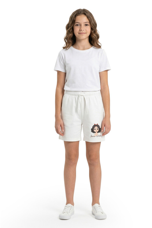 Disney Girl's Snow White Printed Cotton Shorts - White