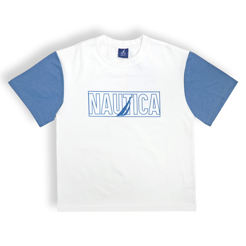 Nautica Boy's Crew Neck Flock Printed T-Shirt - White/Blue