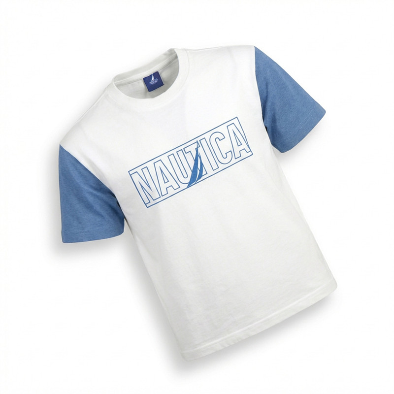 Nautica Boy's Crew Neck Flock Printed T-Shirt - White/Blue