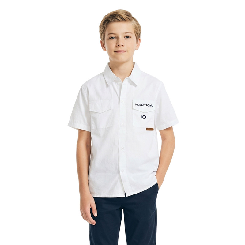 Nautica Boy's Shirt with 2 Pockets and Placement Logo - White