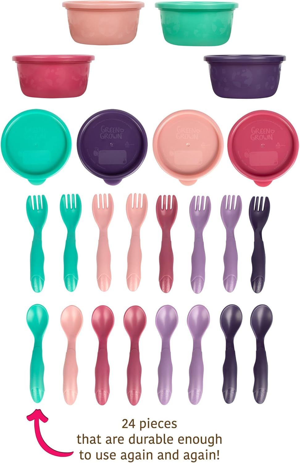 The First Years Green Grown Reusable Bowls With Spoon & Fork Set - 24 Pcs