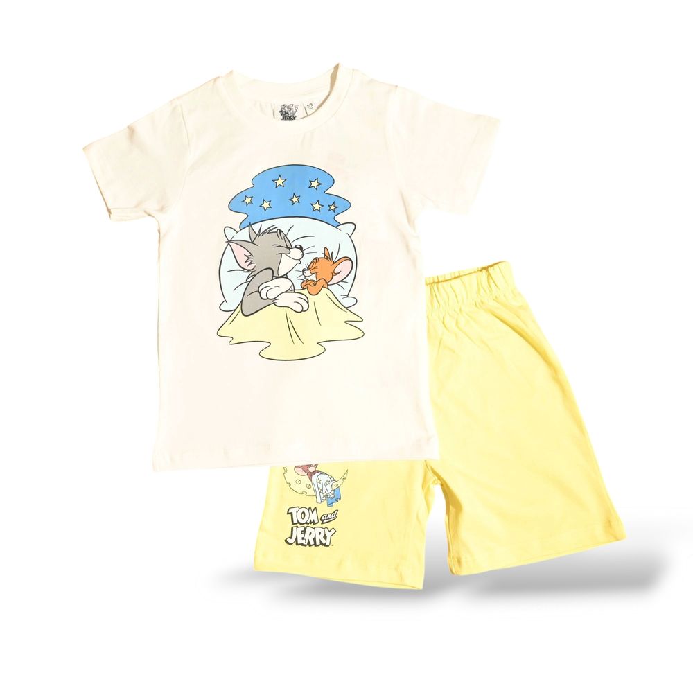 Tom & Jerry Kid's Printed T-Shirt & Shorts White/Yellow - 2 Pcs