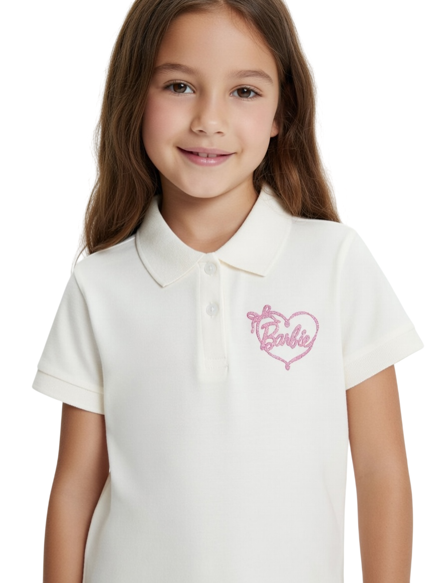 Barbie Girl's Collar Neck Cotton T-Shirt - Cream