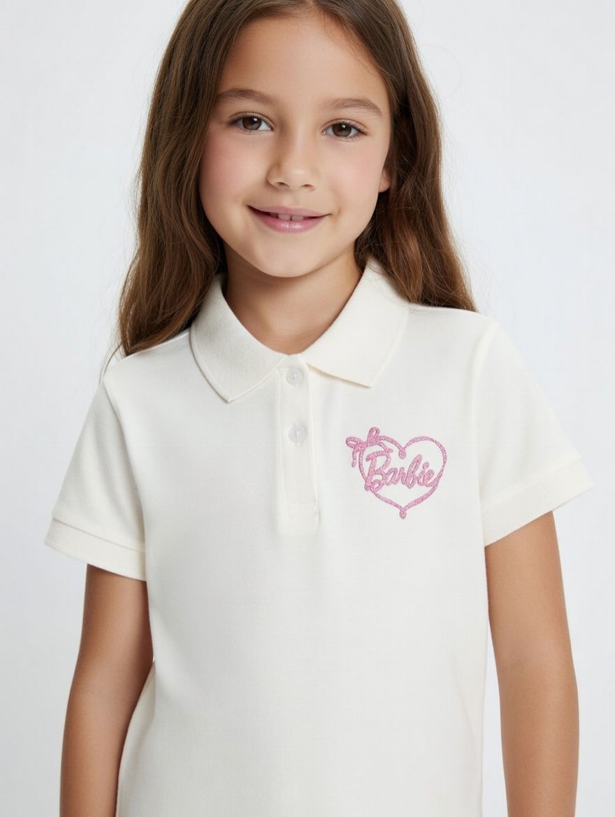 Barbie Girl's Collar Neck Cotton T-Shirt - Cream