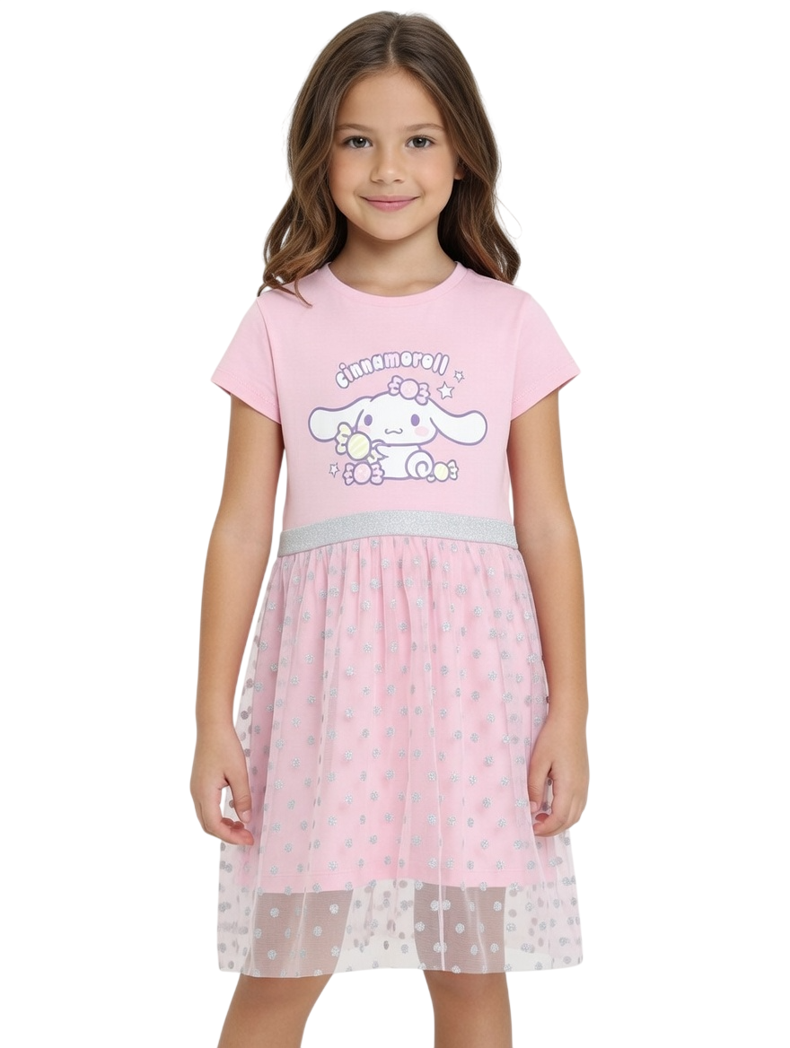 Cinnamoroll - Girl's Printed Short Sleeves Tulle Dress - Pink