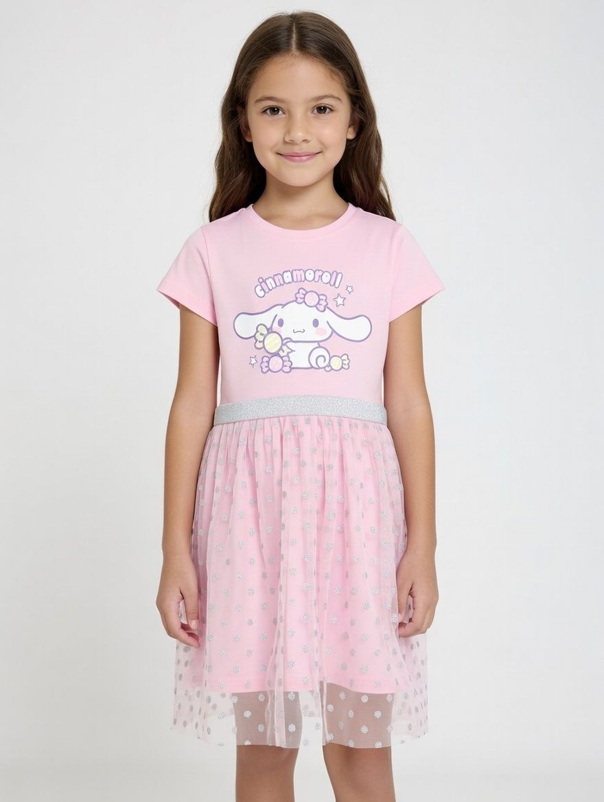 Cinnamoroll - Girl's Printed Short Sleeves Tulle Dress - Pink