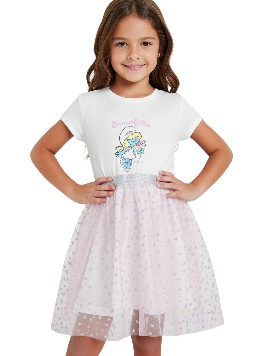 Smurfs - Girl's Printed Tulle Dress - White