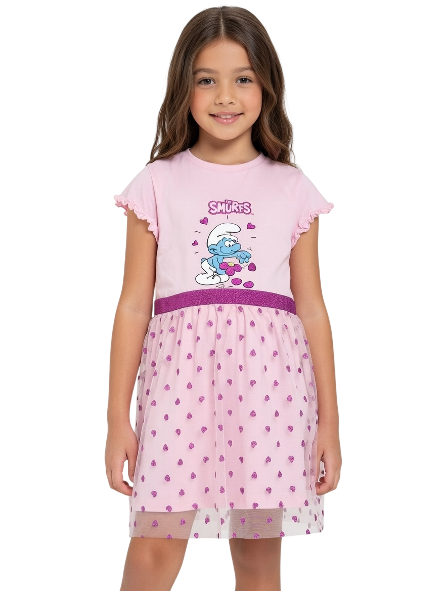 Smurfs - Girl's Printed Round Neck Tulle Dress - Pink