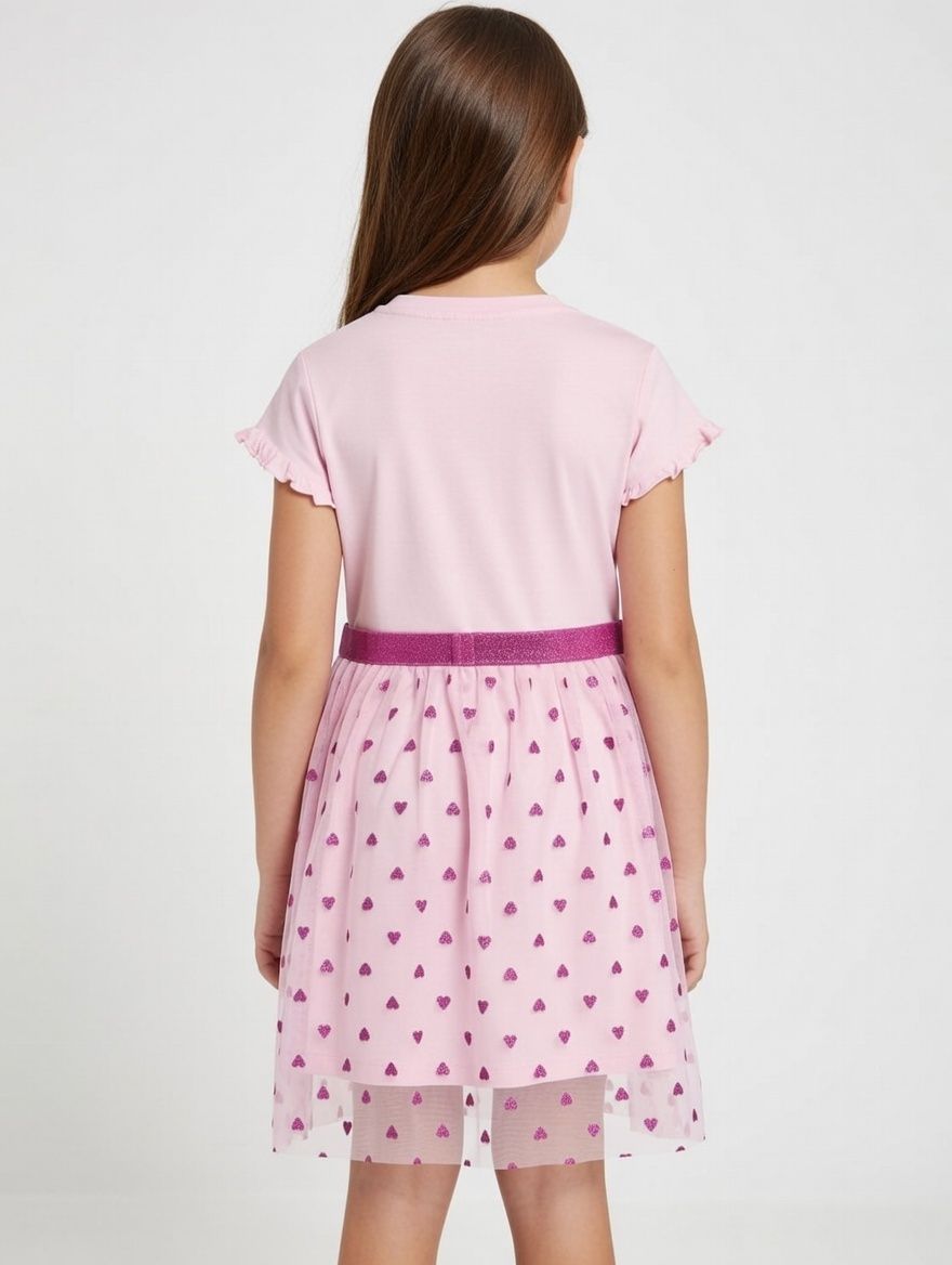 Smurfs - Girl's Printed Round Neck Tulle Dress - Pink