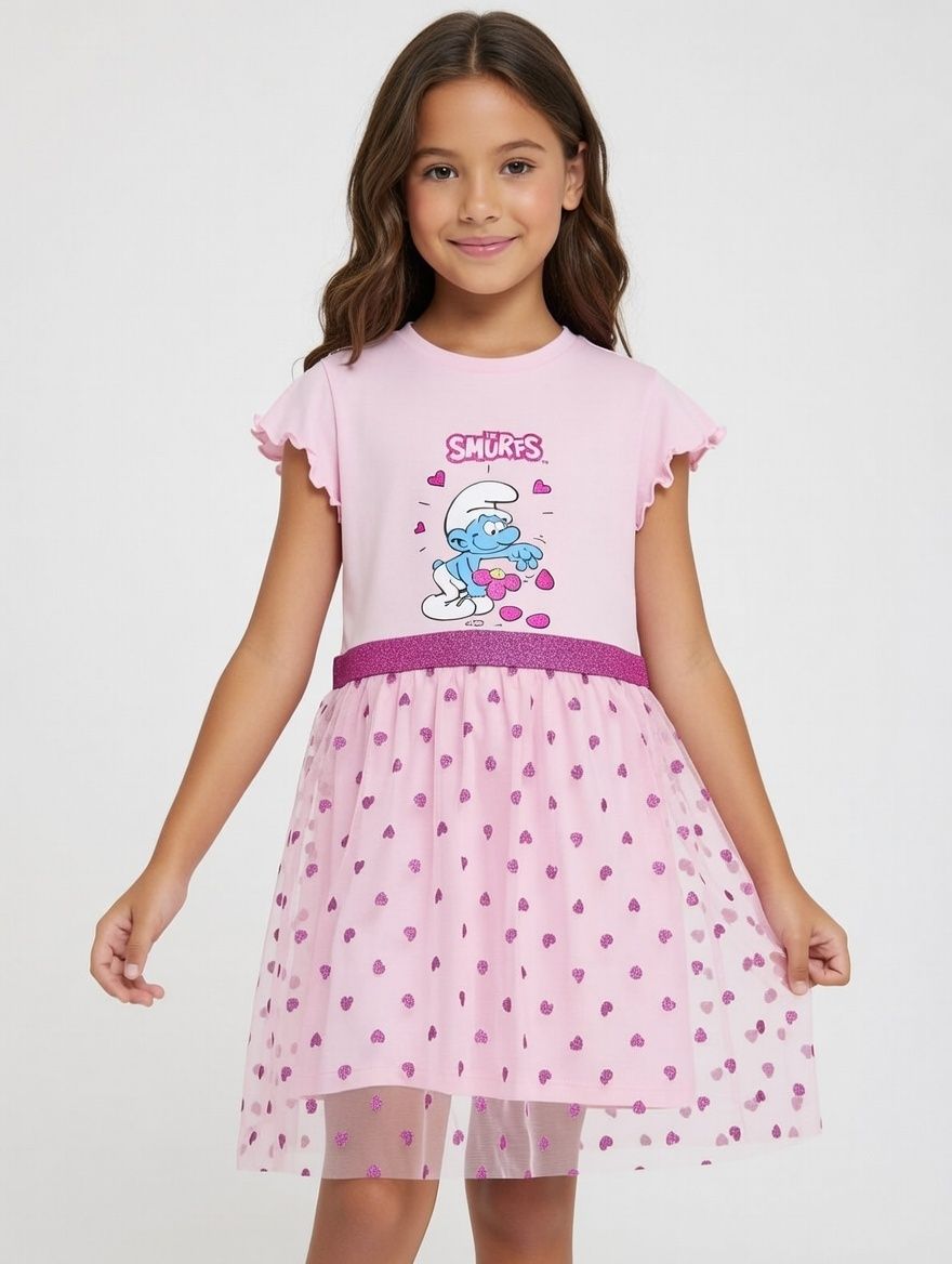 Smurfs - Girl's Printed Round Neck Tulle Dress - Pink