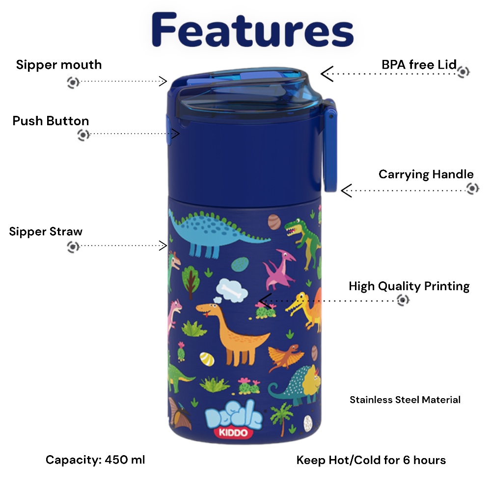 Doodle Kiddo - Stainless Steel Water Bottle - Dinosaur - 450ml