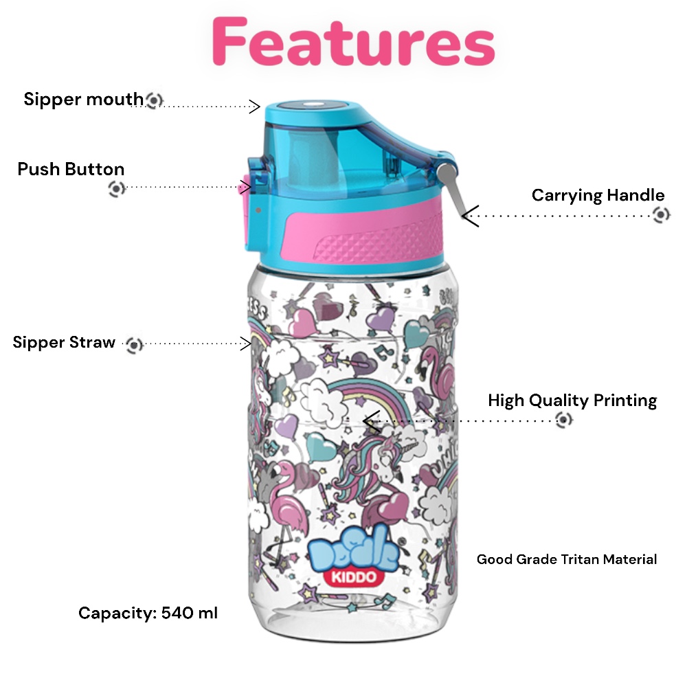 Doodle Kiddo - Plastic Water Bottle - Unicorn - 540ml