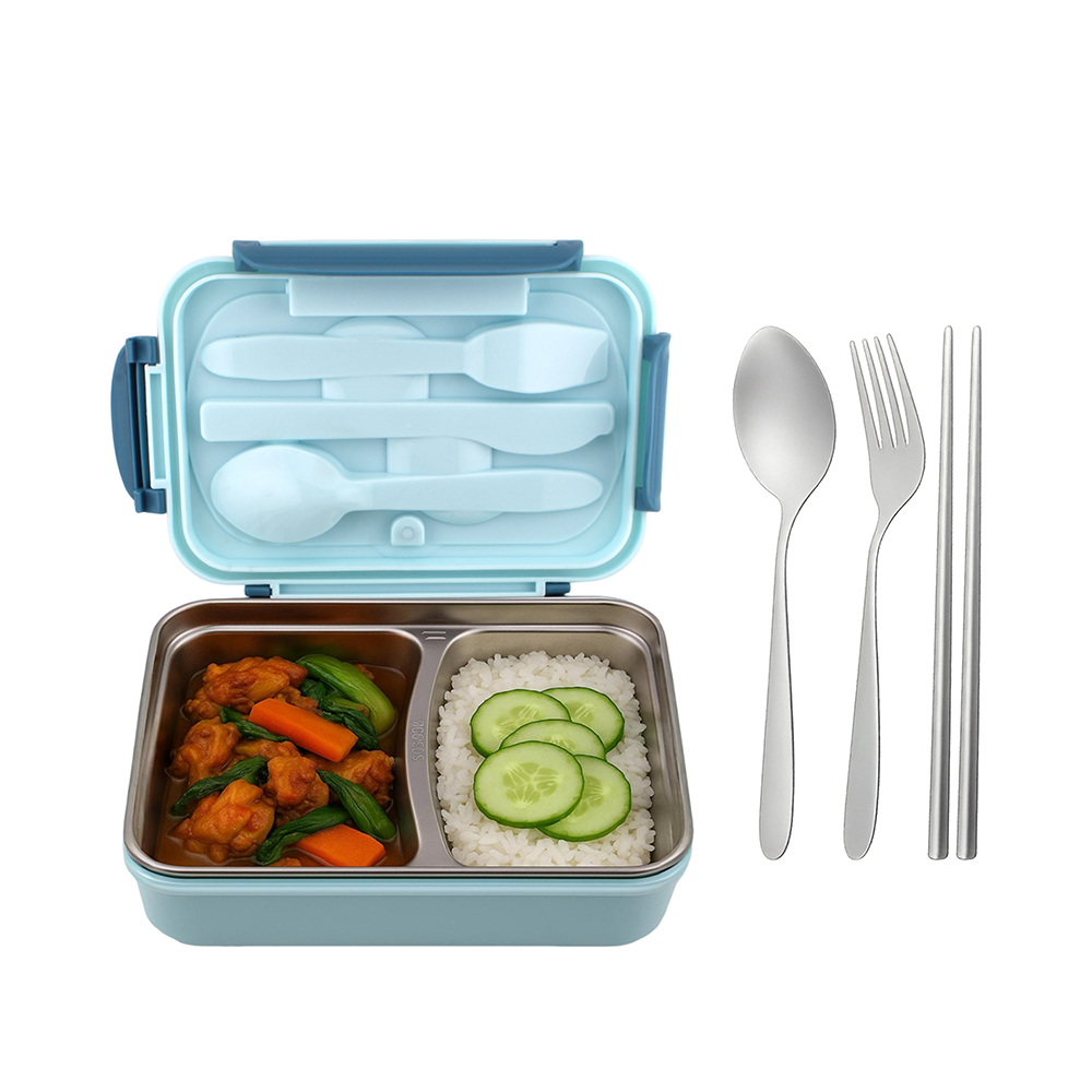 Cravista - 2-Compartments Bento Lunch Box With Spoon, Fork & Chopsticks - Multicolor - 1.2 L