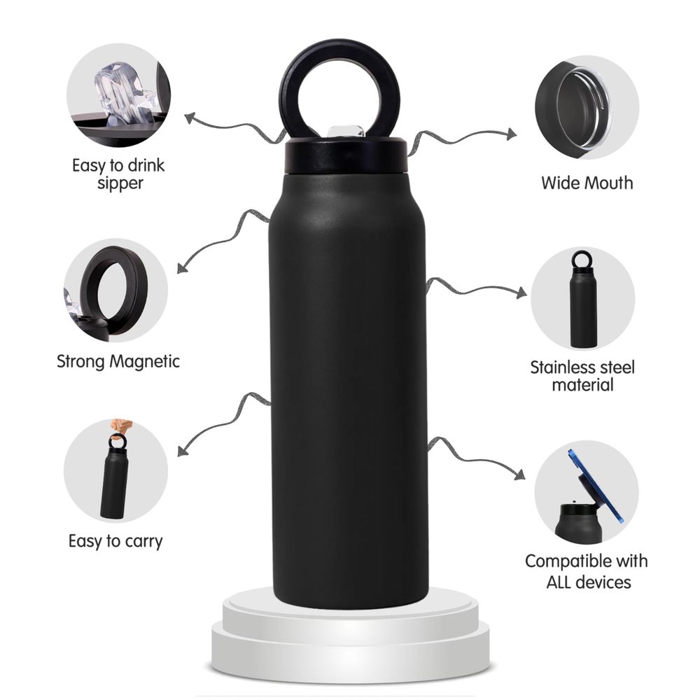 Cravista - Stainless Steel Insulated Water Bottle With Magnetic Phone Holder, Straw Lid - 750ml