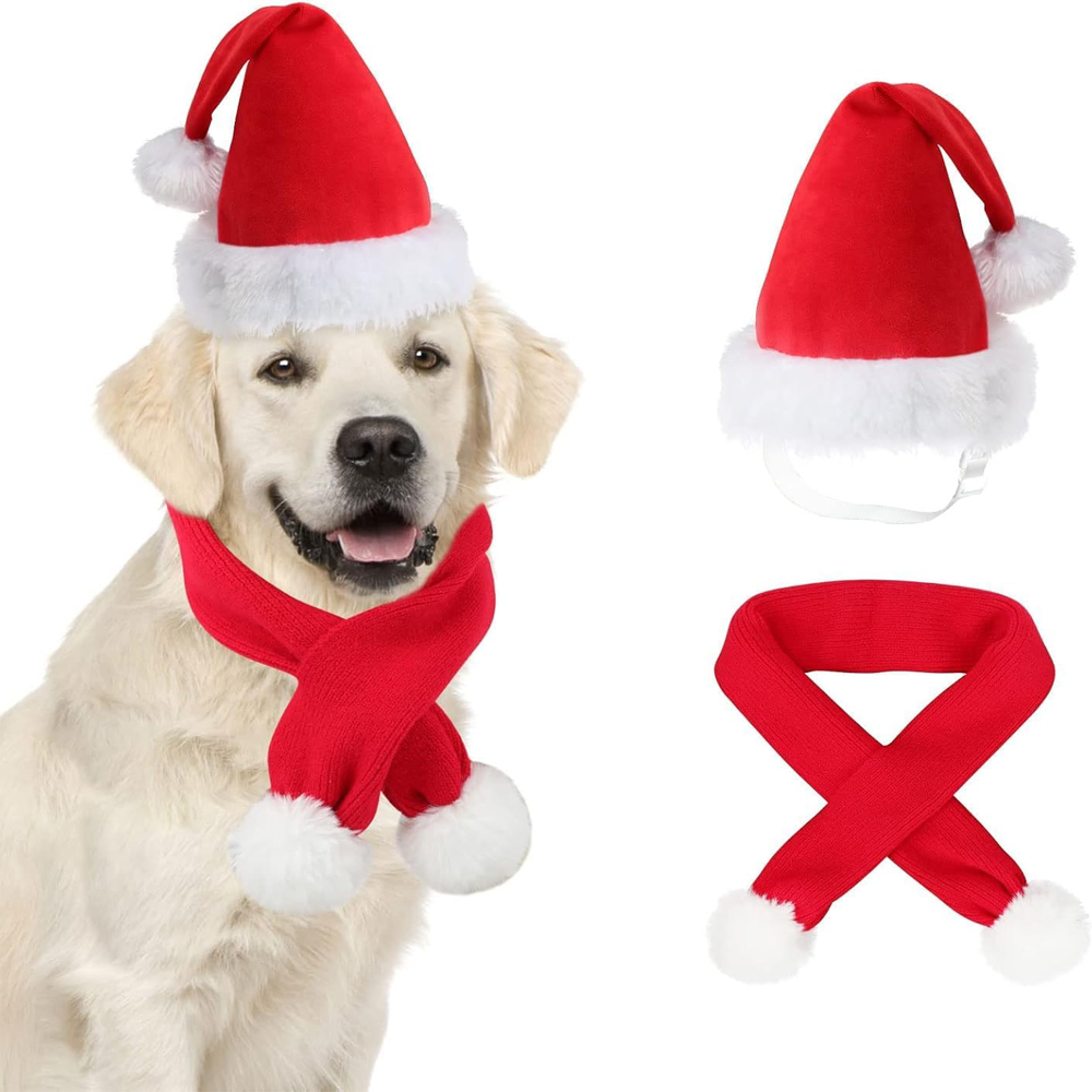Brain Giggles 2pc-Set - Pet Christmas Santa Hat And Scarf Set - Red - Small