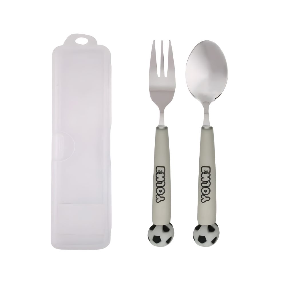 Cravista - Kids Stainless Steel Spoon, Fork & Storage Case Set - Football - 3 Pcs