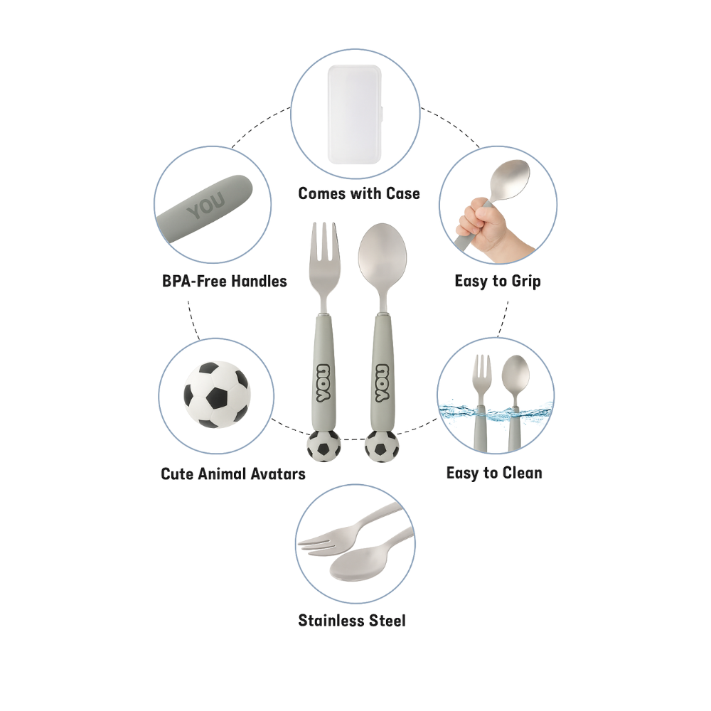 Cravista - Kids Stainless Steel Spoon, Fork & Storage Case Set - Football - 3 Pcs