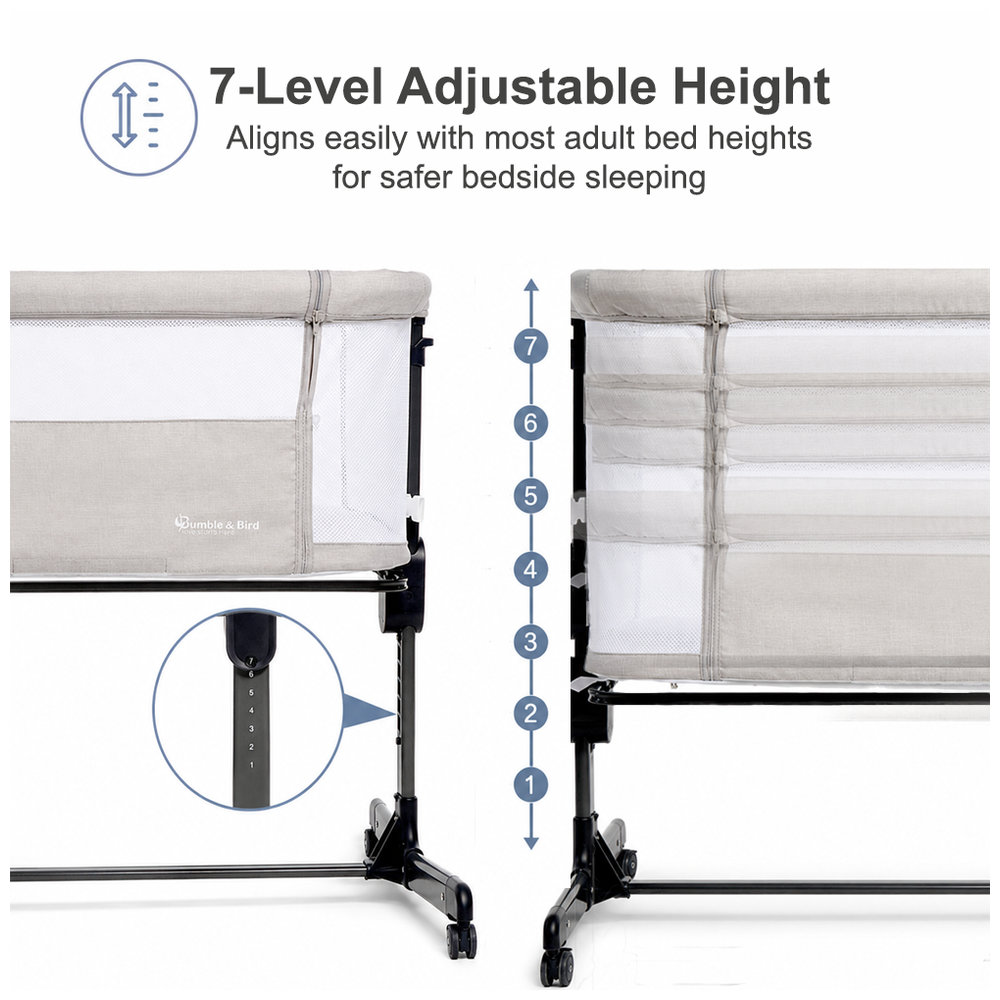 Bumble & Bird - 7-Level Adjustable Bedside Bassinet with Wheels – Grey