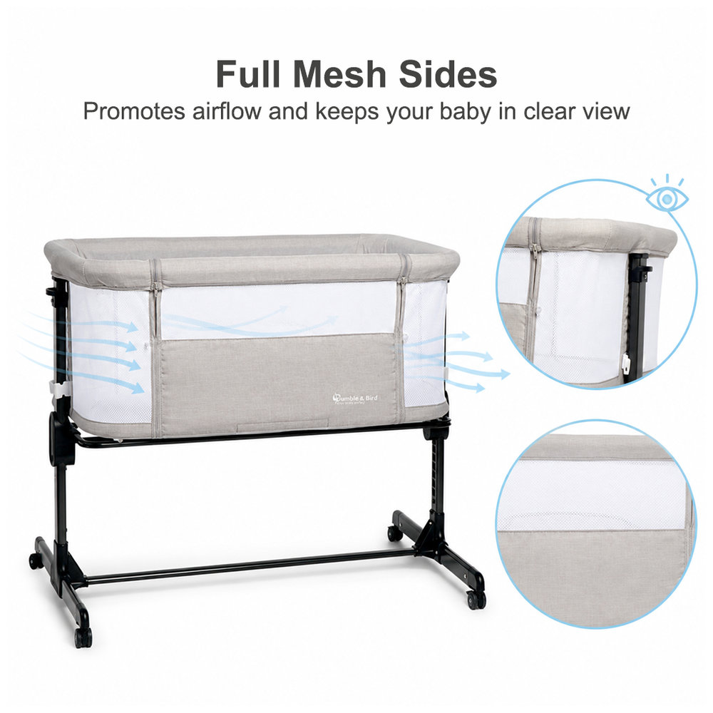 Bumble & Bird - 7-Level Adjustable Bedside Bassinet with Wheels – Grey