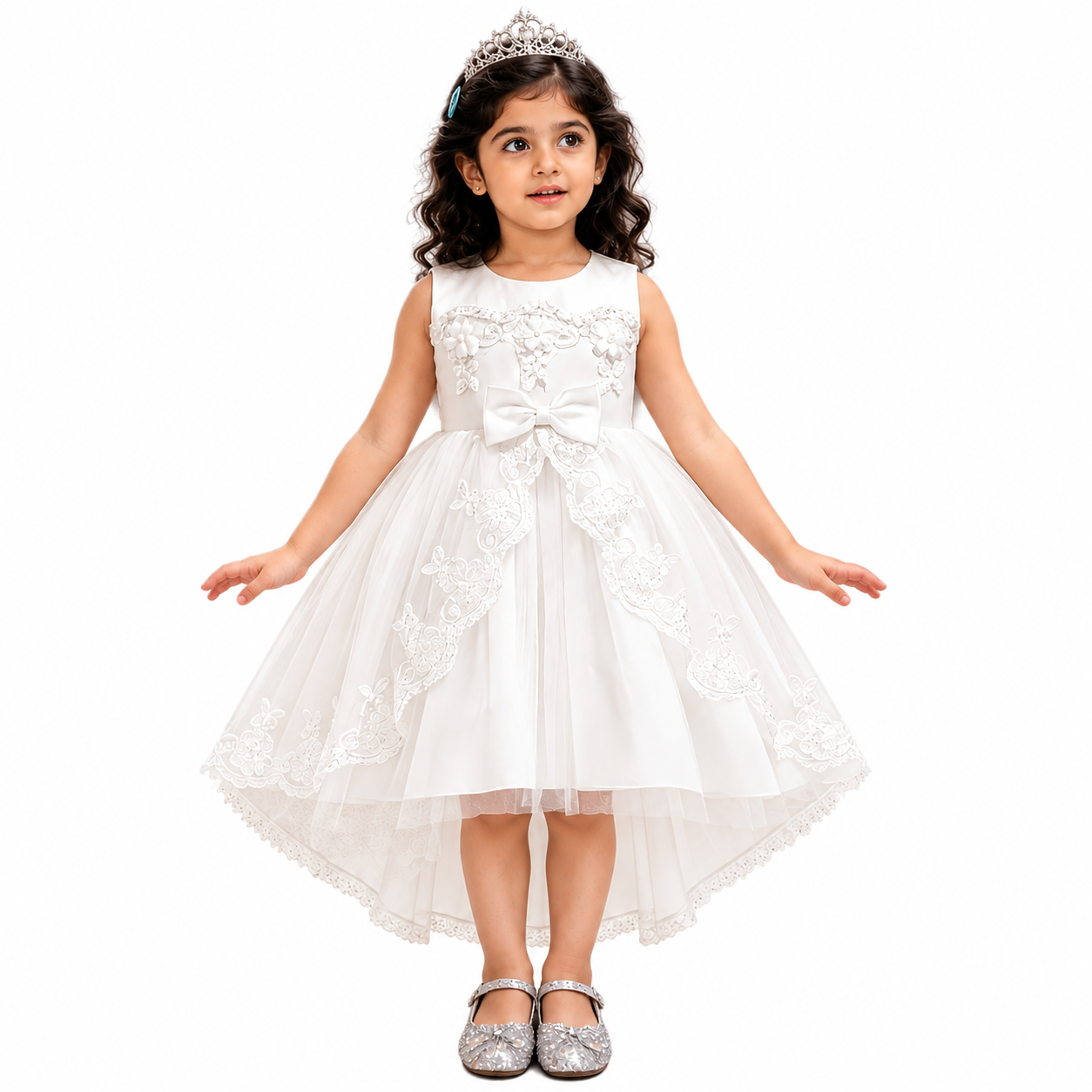 Lil Cloud Threads - Sleeveless Girls Princess Dress With Waist Bow - White