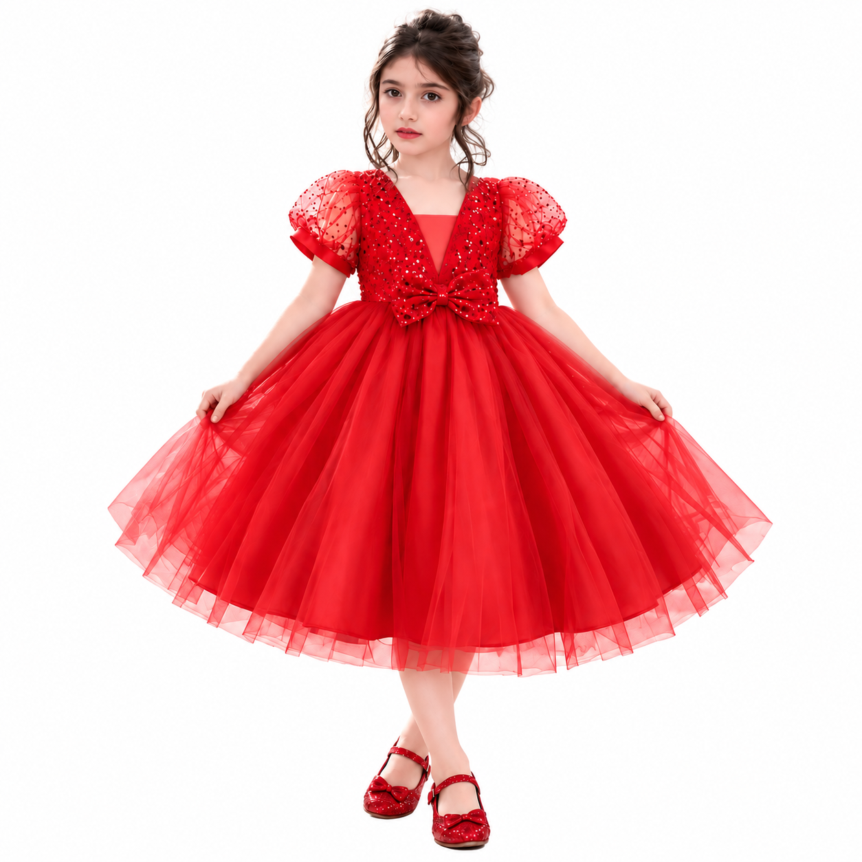Lil Cloud Threads - Sequin Puff Sleeve Girls Princess Dress With Waist Bow - Red
