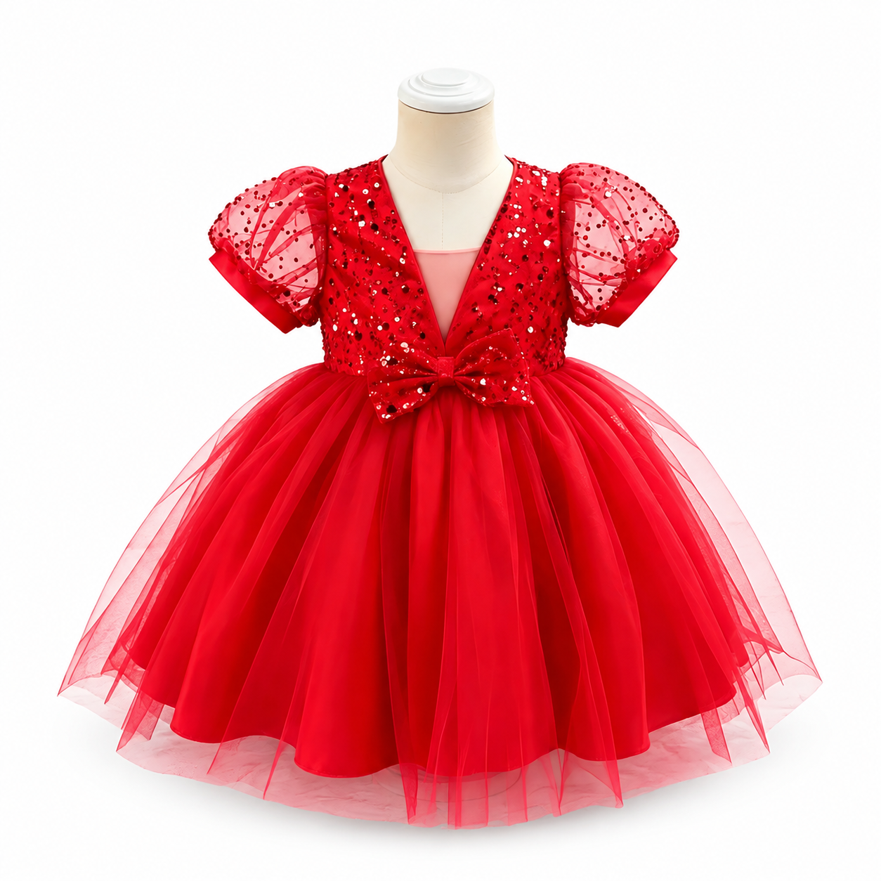 Lil Cloud Threads - Sequin Puff Sleeve Girls Princess Dress With Waist Bow - Red