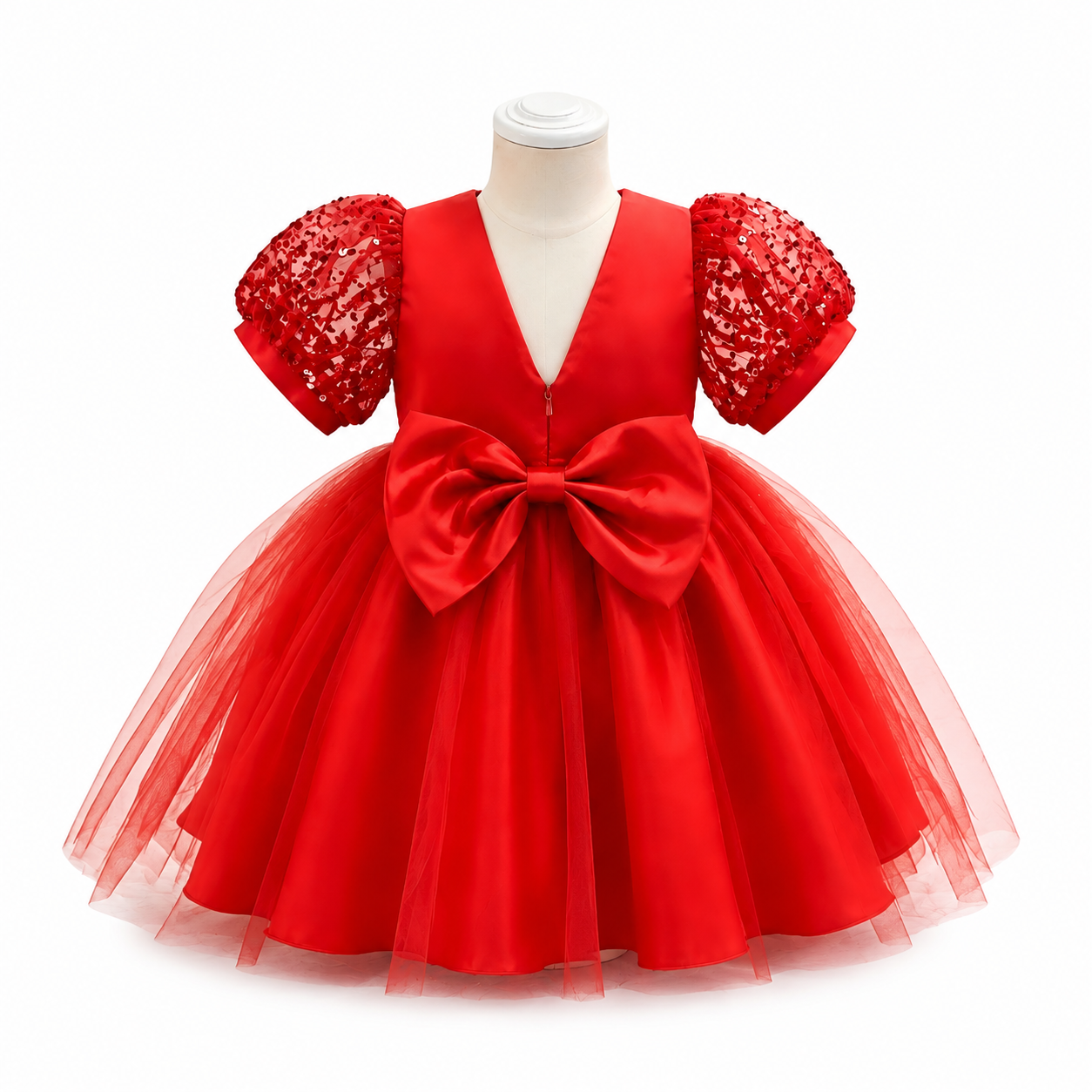 Lil Cloud Threads - Sequin Puff Sleeve Girls Princess Dress With Waist Bow - Red