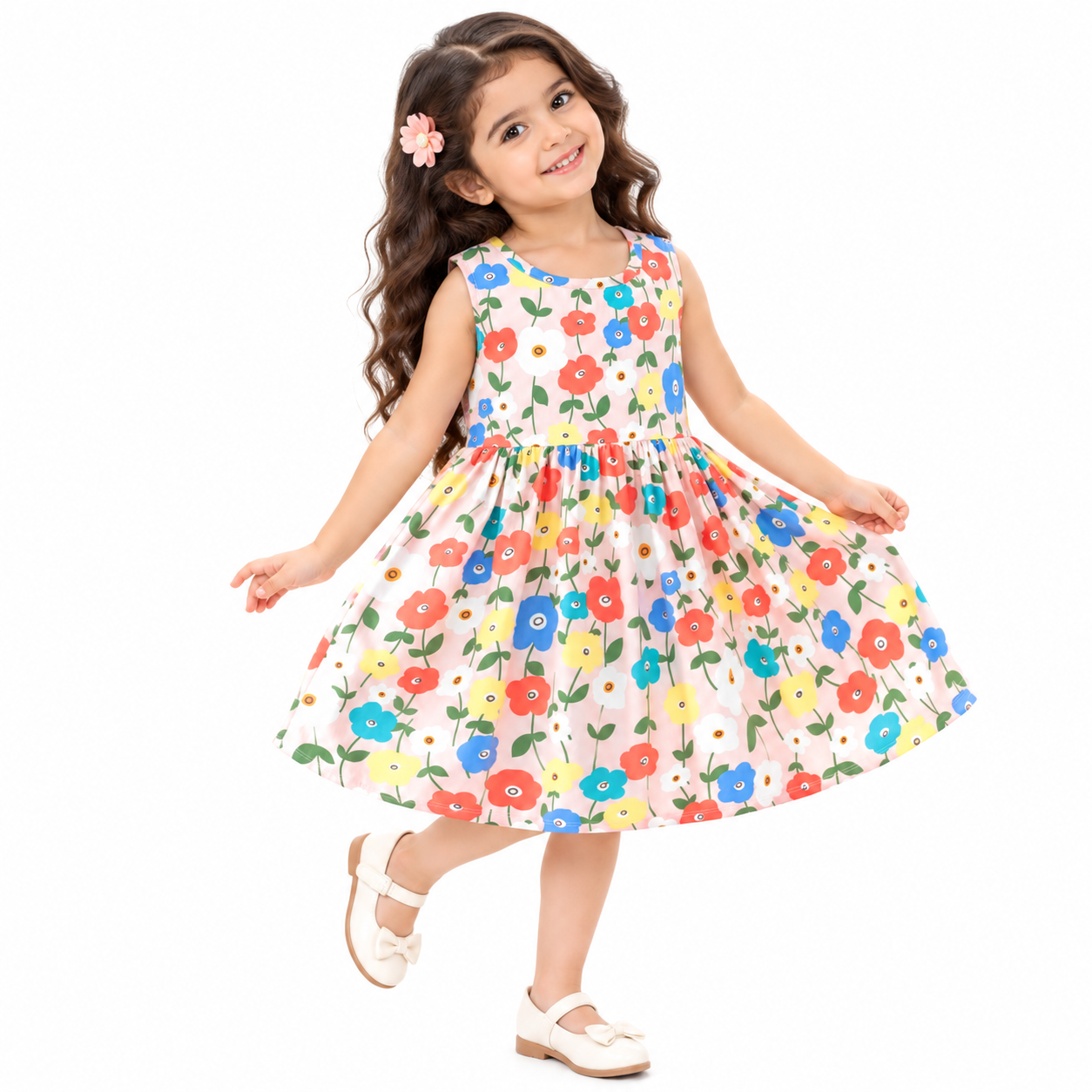 Lil Cloud Threads - Girl's All-Over Flower Printed A-Line Sleeveless Dress - Multicolor