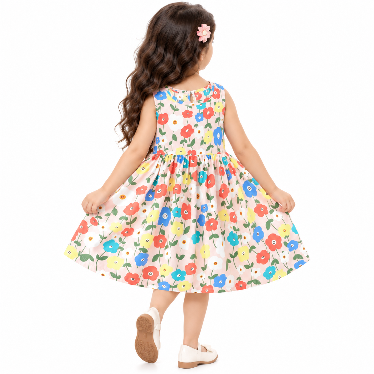 Lil Cloud Threads - Girl's All-Over Flower Printed A-Line Sleeveless Dress - Multicolor