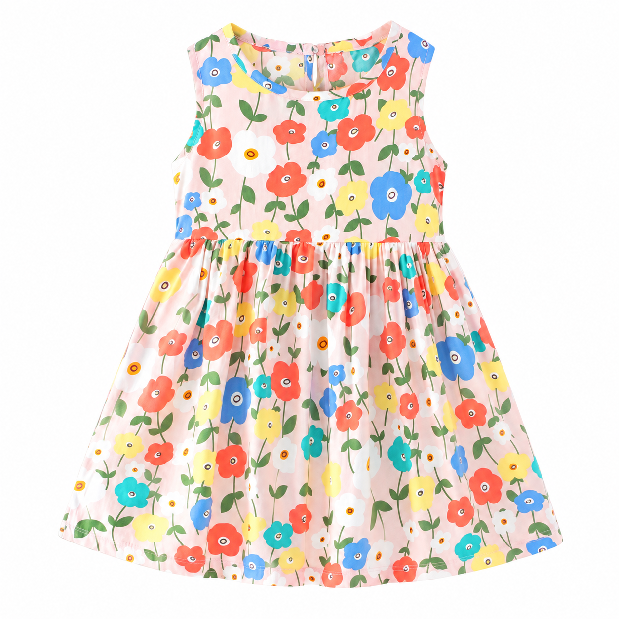 Lil Cloud Threads - Girl's All-Over Flower Printed A-Line Sleeveless Dress - Multicolor