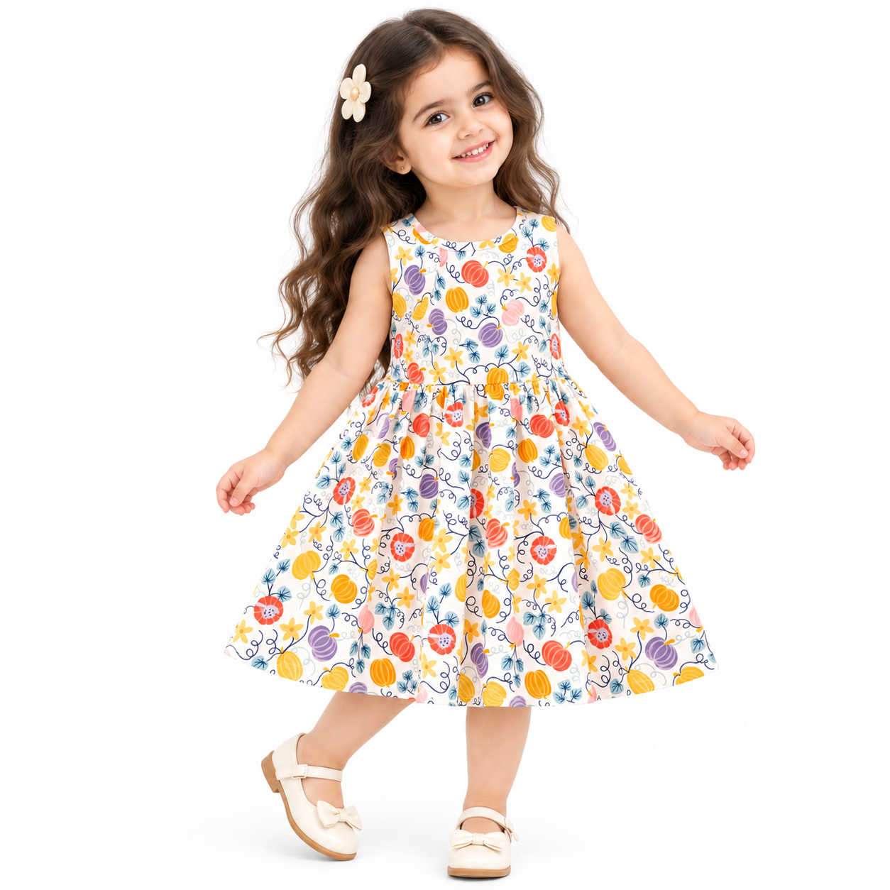 Lil Cloud Threads - Girls Colorful Illustrated Allover Print Twirl Skirt Dress - Multicolor