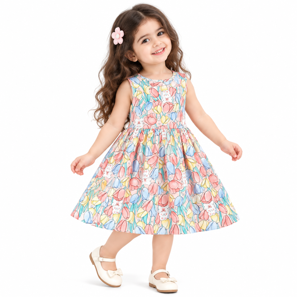 Lil Cloud Threads - Girls Casual Lovely Full Body Print Summer Fit & Flare Dress - Multicolor