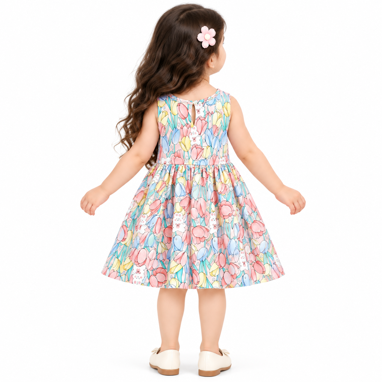 Lil Cloud Threads - Girls Casual Lovely Full Body Print Summer Fit & Flare Dress - Multicolor