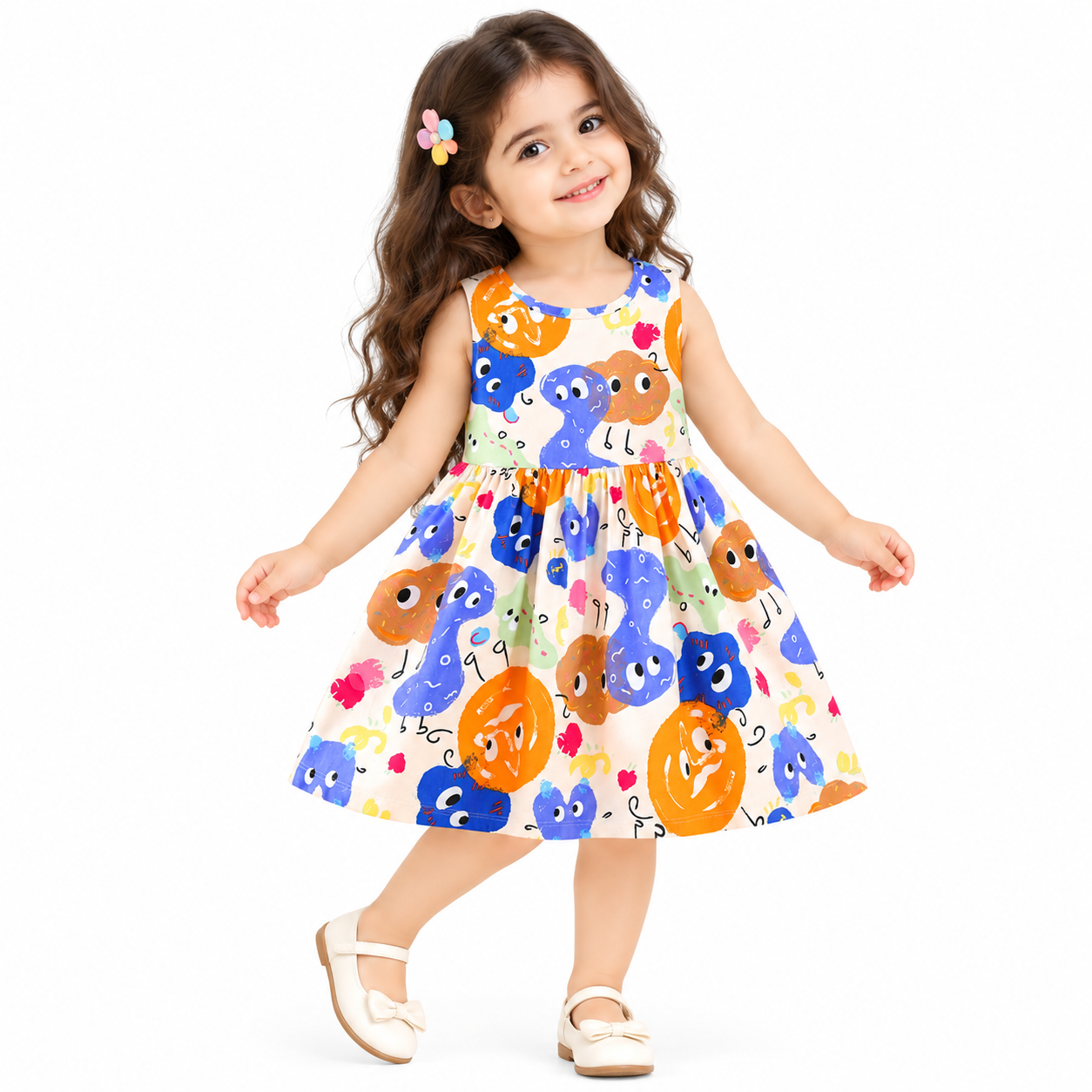 Lil Cloud Threads - Girls Vacation Bold Whimsical Allover Print Sundress - Multicolor