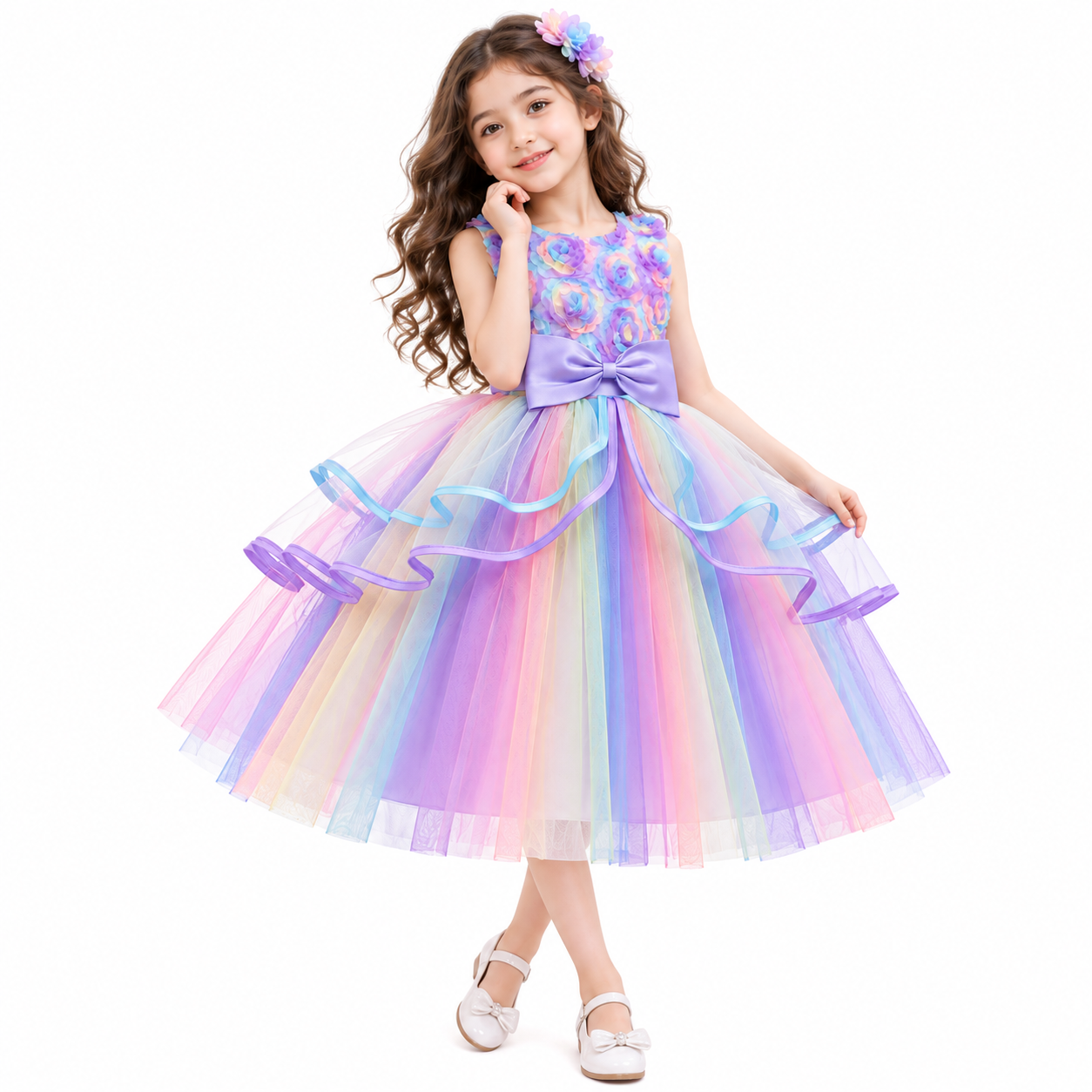 Lil Cloud Threads - 3D Floral Girls Princess Dress With Waist Bow - Multicolor